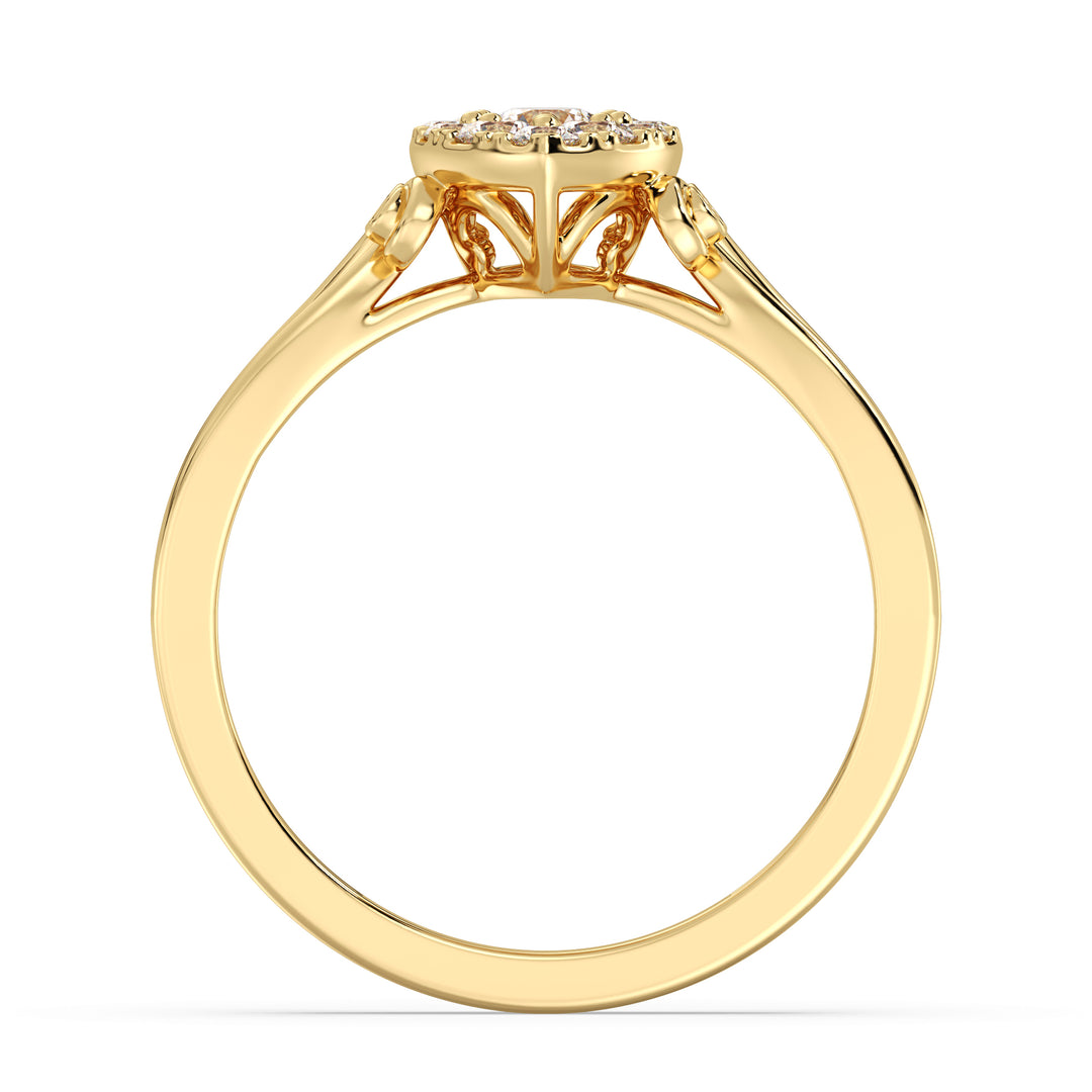 18K yellow gold pear-shaped cluster halo engagement ring featuring 0.70 CTTW round EF-VS lab-grown diamonds, showcasing timeless elegance and radiant brilliance