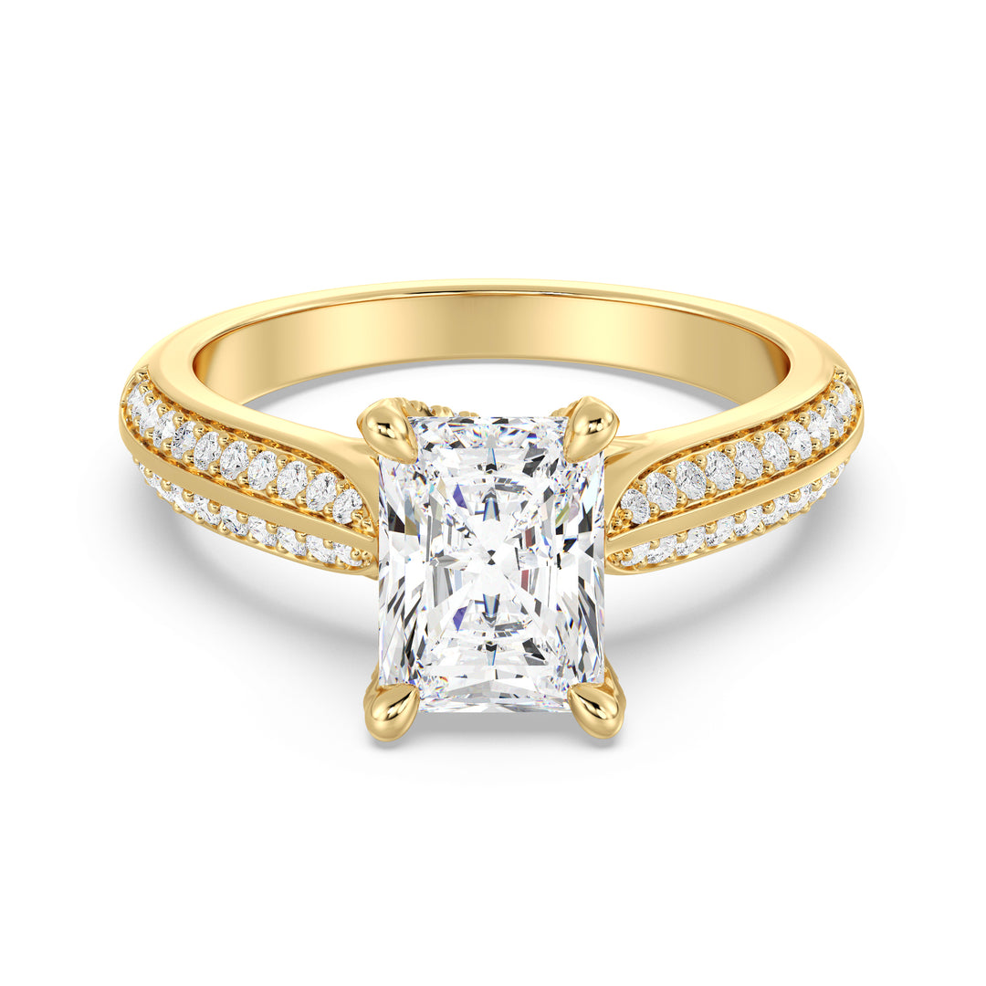 Radiant Cut Lab-Grown Diamond Engagement Ring with Pavé Band in 18K Yellow Gold, featuring a brilliant centerpiece and 72 round side stones