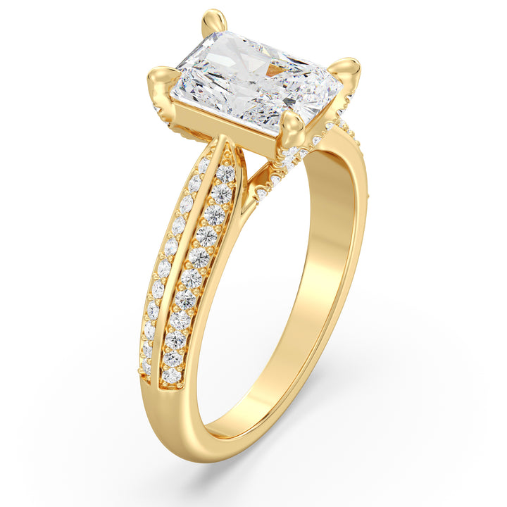Radiant Cut Lab-Grown Diamond Engagement Ring with Pavé Band in 18K Yellow Gold, featuring a brilliant centerpiece and 72 round side stones