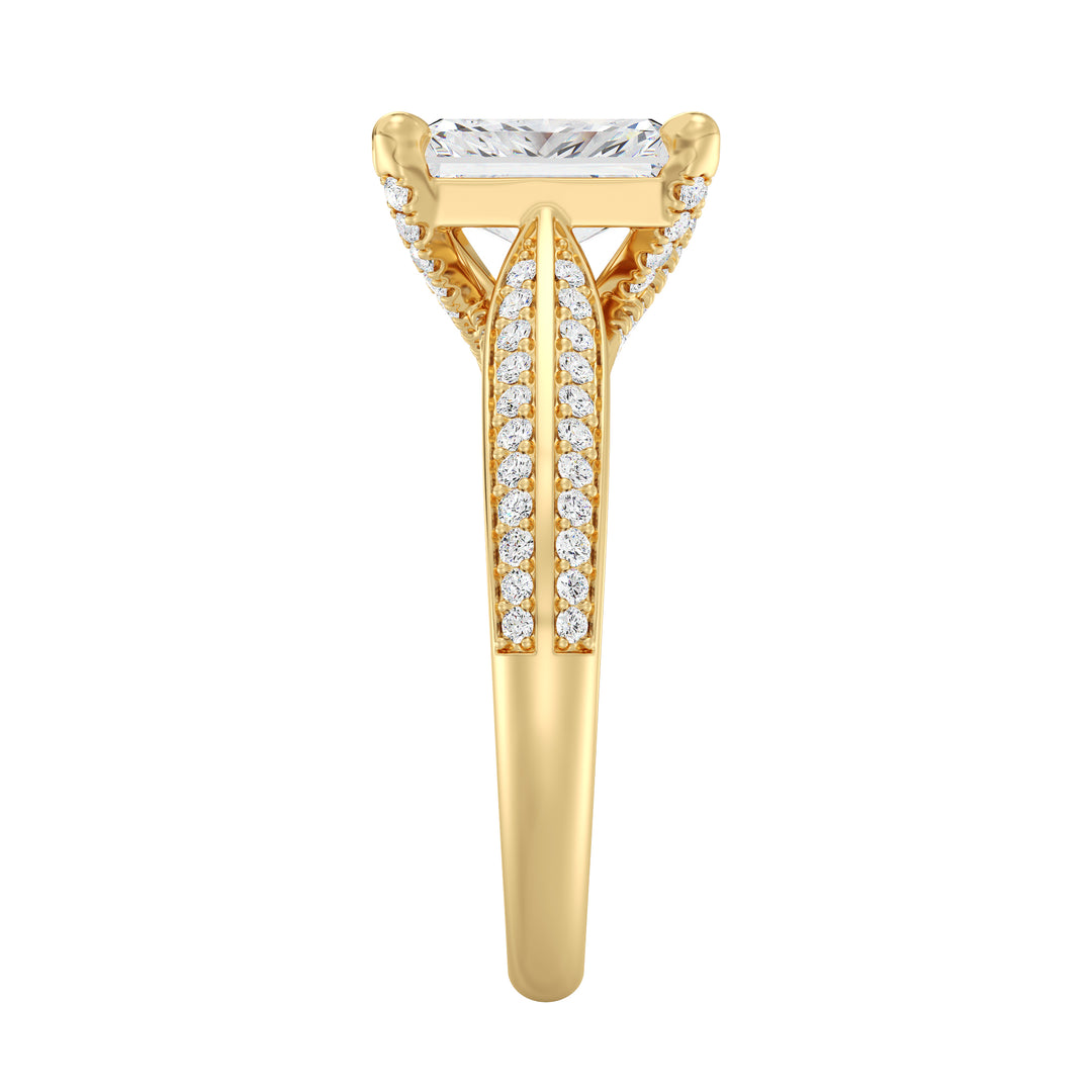 Radiant Cut Lab-Grown Diamond Engagement Ring with Pavé Band in 18K Yellow Gold, featuring a brilliant centerpiece and 72 round side stones