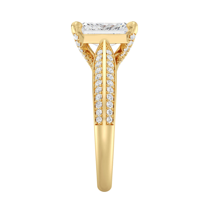 Radiant Cut Lab-Grown Diamond Engagement Ring with Pavé Band in 18K Yellow Gold, featuring a brilliant centerpiece and 72 round side stones