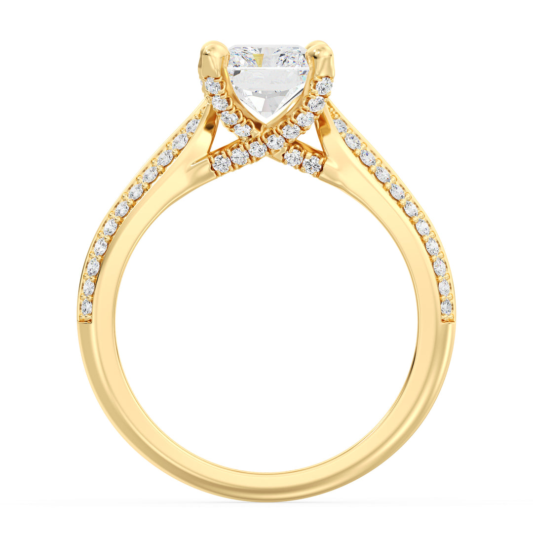 Radiant Cut Lab-Grown Diamond Engagement Ring with Pavé Band in 18K Yellow Gold, featuring a brilliant centerpiece and 72 round side stones