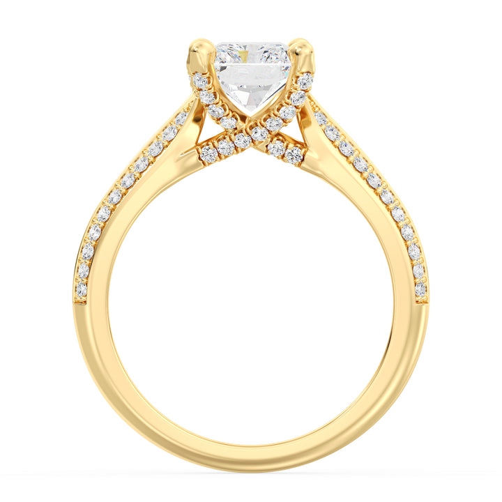 Radiant Cut Lab-Grown Diamond Engagement Ring with Pavé Band in 18K Yellow Gold, featuring a brilliant centerpiece and 72 round side stones