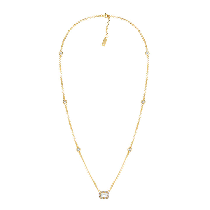Elegant Emerald-Cut Lab-Grown Diamond Station Necklace in 18K Yellow Gold featuring a bezel-set 1.00-carat emerald-cut diamond with halo and stationed round diamonds along the chain.