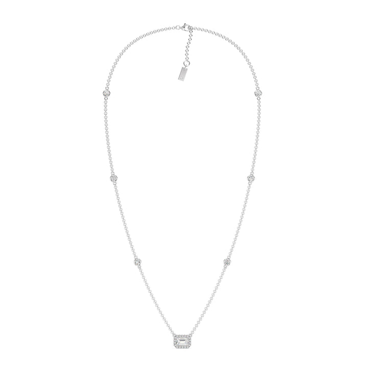 Elegant Emerald-Cut Lab-Grown Diamond Station Necklace in 18K White Gold with a bezel-set 1.00-carat emerald-cut diamond, complemented by a halo and stationed round diamonds