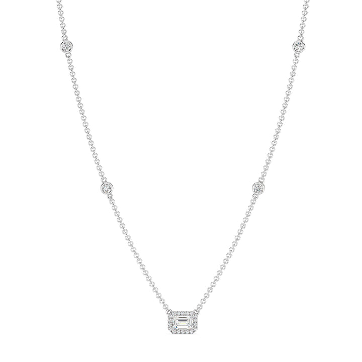 Elegant Emerald-Cut Lab-Grown Diamond Station Necklace in 18K White Gold with a bezel-set 1.00-carat emerald-cut diamond, complemented by a halo and stationed round diamonds