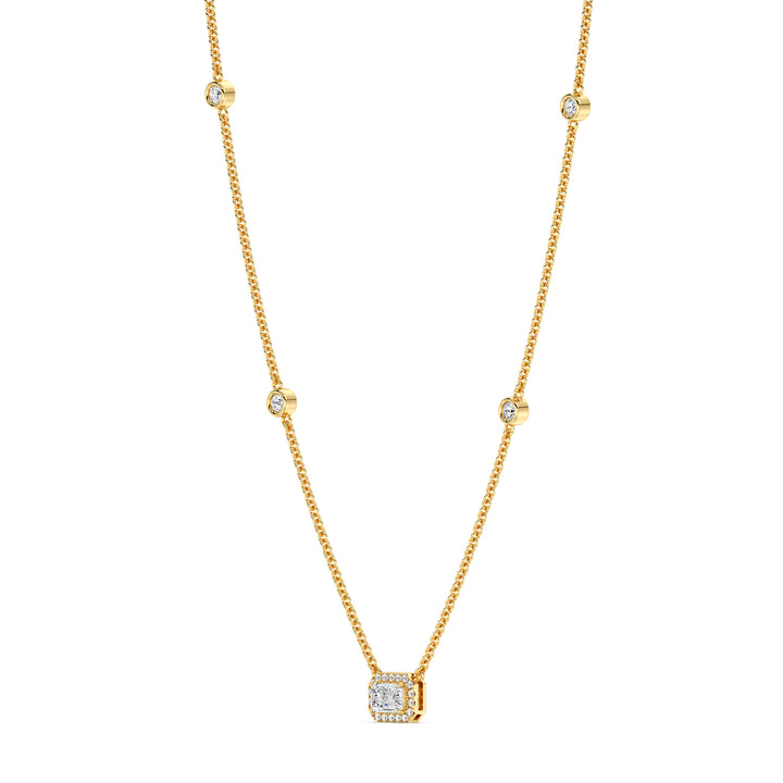 Elegant Emerald-Cut Lab-Grown Diamond Station Necklace in 18K Yellow Gold featuring a bezel-set 1.00-carat emerald-cut diamond with halo and stationed round diamonds along the chain.