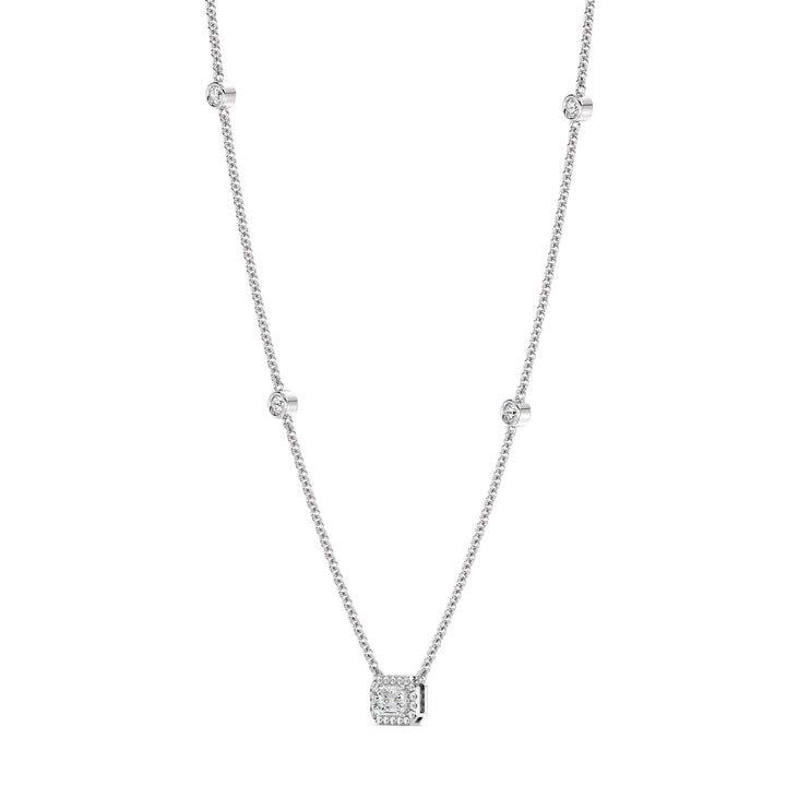 Elegant Emerald-Cut Lab-Grown Diamond Station Necklace in 18K White Gold with a bezel-set 1.00-carat emerald-cut diamond, complemented by a halo and stationed round diamonds