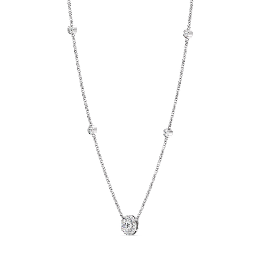 18K white gold Round Diamond Accent Halo Bezel Station Necklace showcasing a 1.00ct IGI Certified lab-grown diamond at the center, framed by EF/VS halo diamonds and additional bezel-set diamonds on the chain
