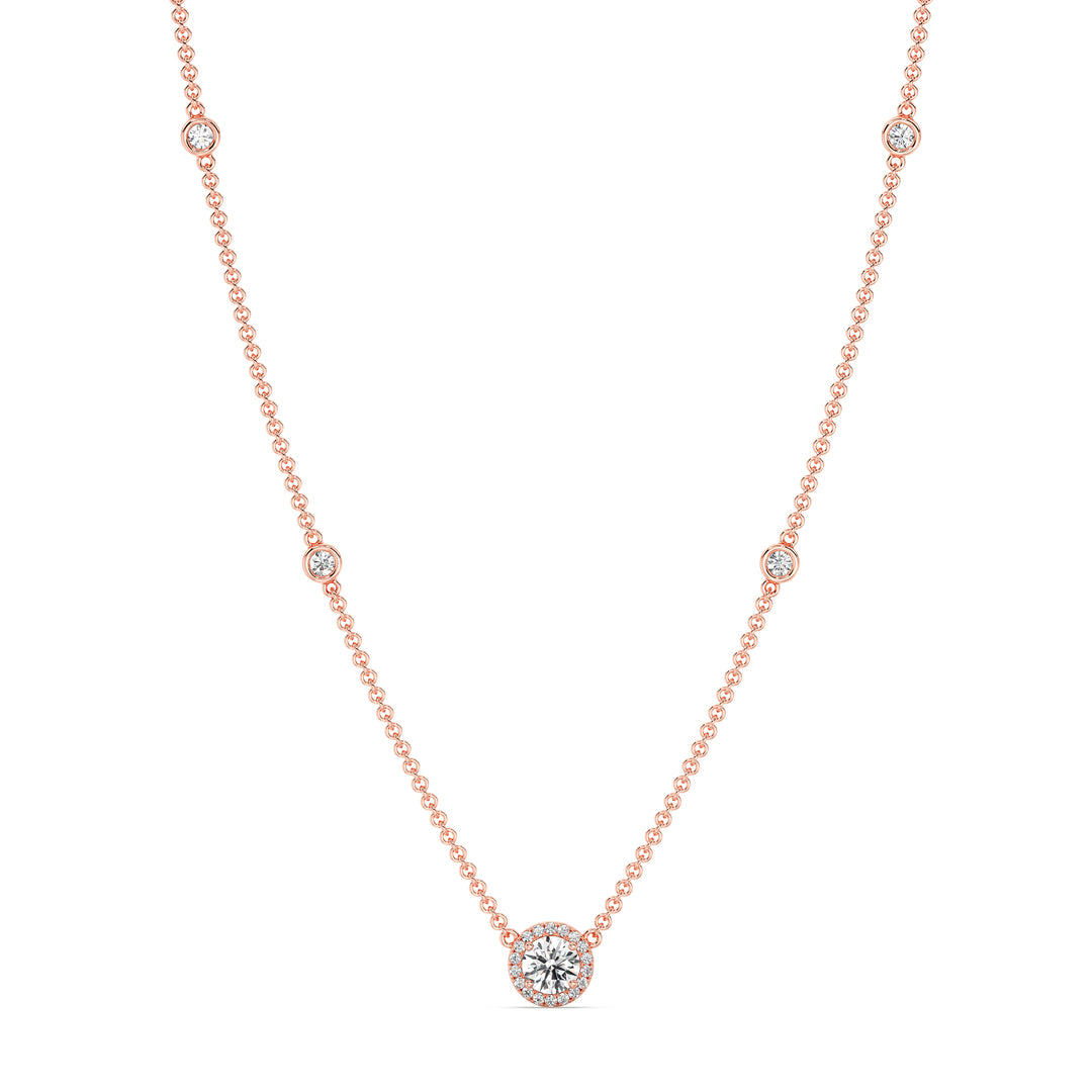18K rose gold Round Diamond Accent Halo Bezel Station Necklace with a 1.00ct IGI Certified lab-grown diamond at the center, surrounded by EF/VS halo diamonds and bezel-set diamonds along the chain