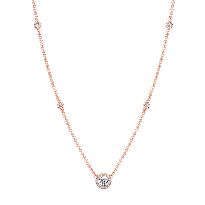 18K rose gold Round Diamond Accent Halo Bezel Station Necklace with a 1.00ct IGI Certified lab-grown diamond at the center, surrounded by EF/VS halo diamonds and bezel-set diamonds along the chain