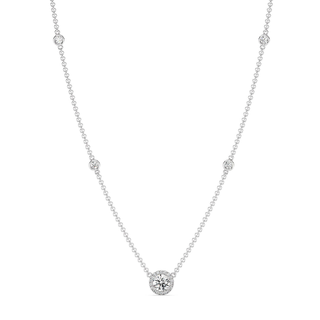 18K white gold Round Diamond Accent Halo Bezel Station Necklace showcasing a 1.00ct IGI Certified lab-grown diamond at the center, framed by EF/VS halo diamonds and additional bezel-set diamonds on the chain