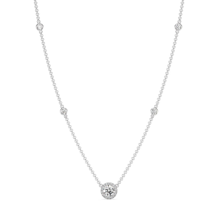 18K white gold Round Diamond Accent Halo Bezel Station Necklace showcasing a 1.00ct IGI Certified lab-grown diamond at the center, framed by EF/VS halo diamonds and additional bezel-set diamonds on the chain
