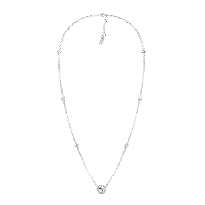 18K white gold Round Diamond Accent Halo Bezel Station Necklace showcasing a 1.00ct IGI Certified lab-grown diamond at the center, framed by EF/VS halo diamonds and additional bezel-set diamonds on the chain