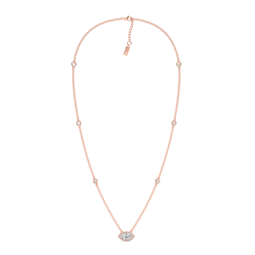 Elegant Marquise Diamond Accent Bezel Station Necklace in 18K Rose Gold showcasing a 1.00ct IGI Certified marquise-cut lab-grown diamond at the center, accented by round EF/VS lab-grown diamonds on an 18-inch chain