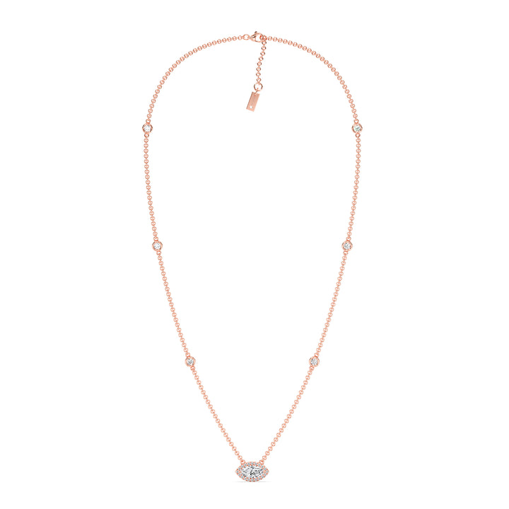 Elegant Marquise Diamond Accent Bezel Station Necklace in 18K Rose Gold showcasing a 1.00ct IGI Certified marquise-cut lab-grown diamond at the center, accented by round EF/VS lab-grown diamonds on an 18-inch chain