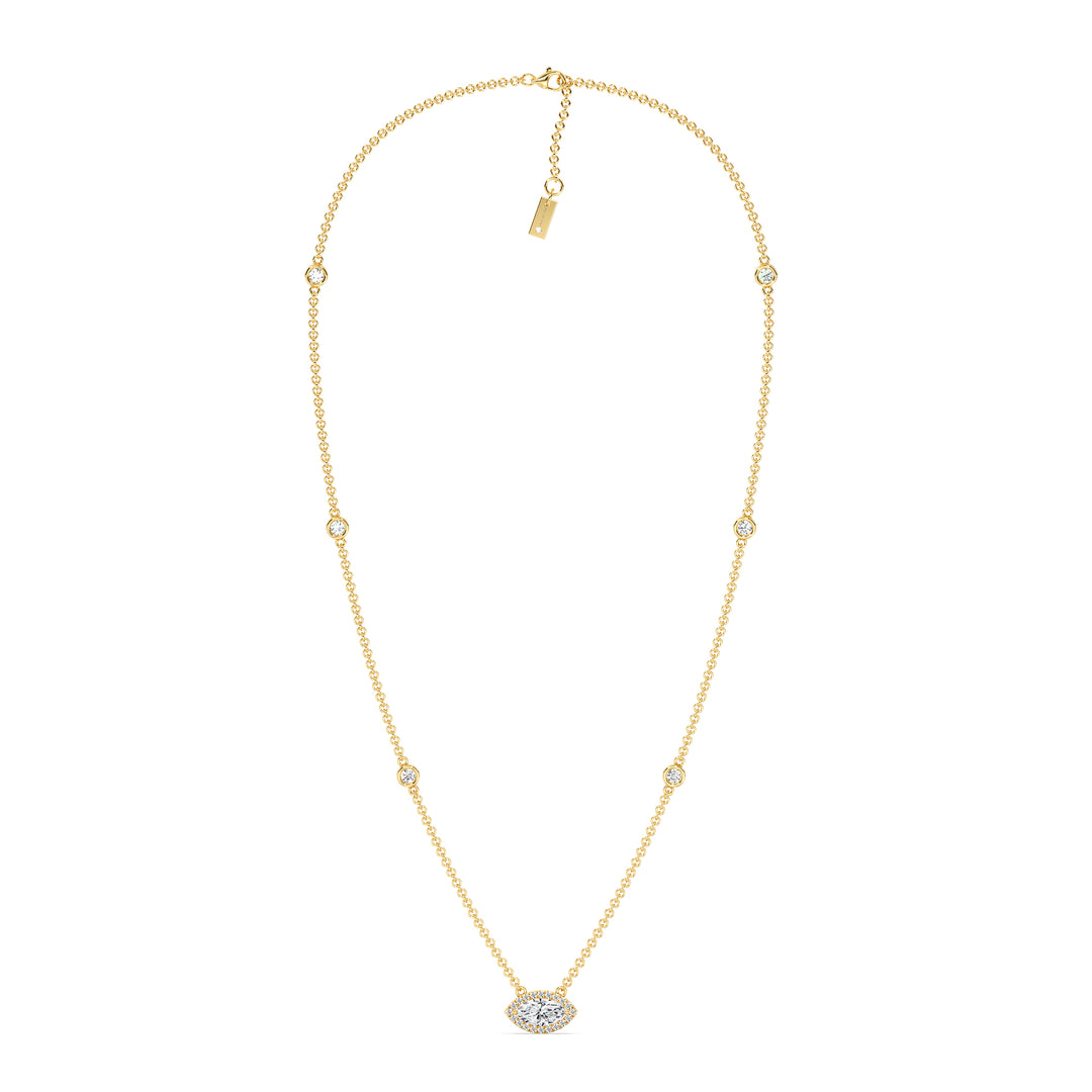 Elegant Marquise Diamond Accent Bezel Station Necklace in 18K Yellow Gold featuring a 1.00ct IGI Certified marquise-cut lab-grown diamond at the center, surrounded by round EF/VS lab-grown diamonds along an 18-inch chain
