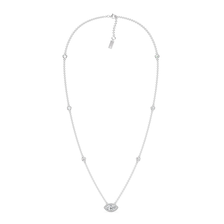 Elegant Marquise Diamond Accent Bezel Station Necklace in 18K White Gold highlighting a 1.00ct IGI Certified marquise-cut lab-grown diamond at the center, complemented by round EF/VS lab-grown diamonds along an 18-inch chain