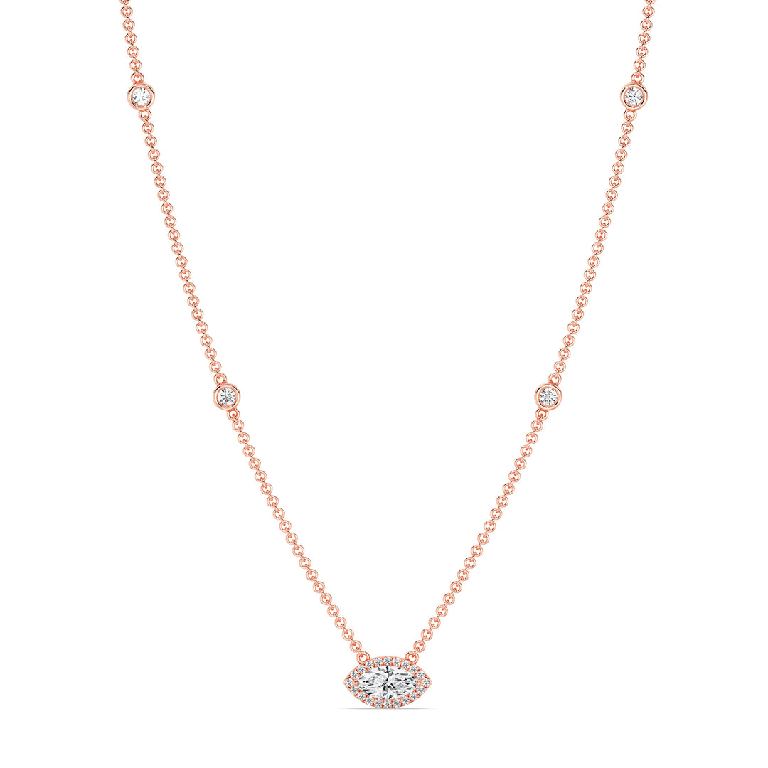 Elegant Marquise Diamond Accent Bezel Station Necklace in 18K Rose Gold showcasing a 1.00ct IGI Certified marquise-cut lab-grown diamond at the center, accented by round EF/VS lab-grown diamonds on an 18-inch chain