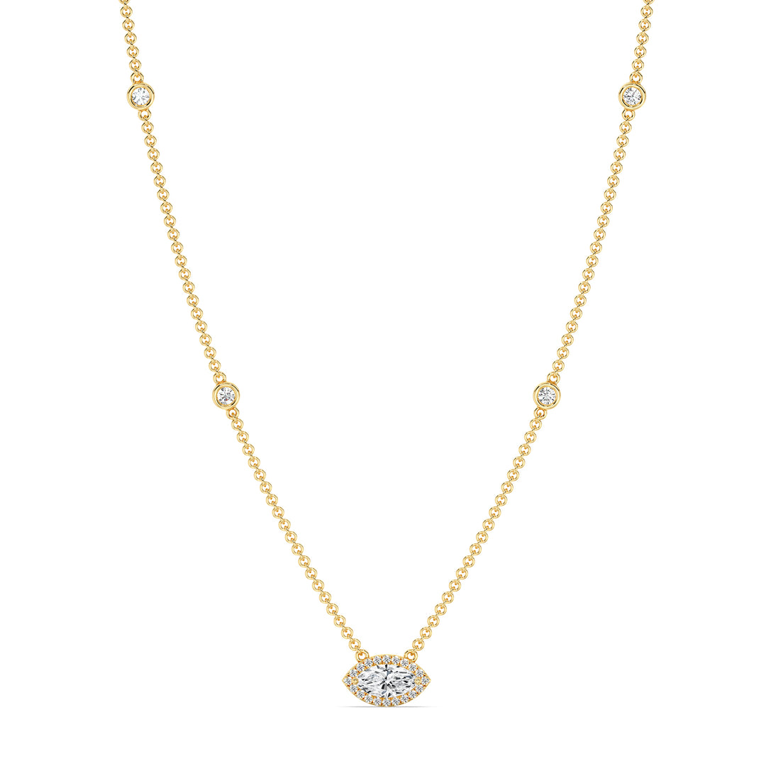 Elegant Marquise Diamond Accent Bezel Station Necklace in 18K Yellow Gold featuring a 1.00ct IGI Certified marquise-cut lab-grown diamond at the center, surrounded by round EF/VS lab-grown diamonds along an 18-inch chain