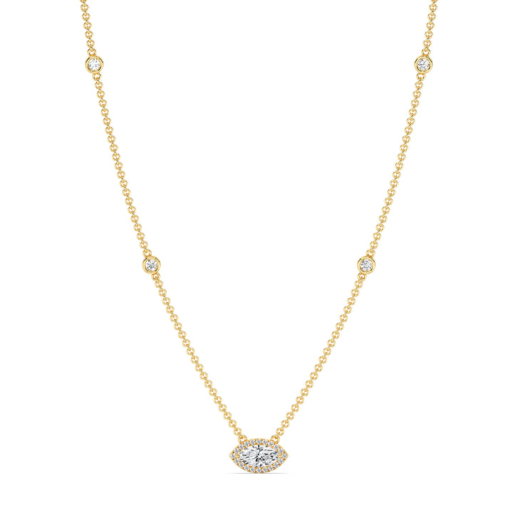 Elegant Marquise Diamond Accent Bezel Station Necklace in 18K Yellow Gold featuring a 1.00ct IGI Certified marquise-cut lab-grown diamond at the center, surrounded by round EF/VS lab-grown diamonds along an 18-inch chain