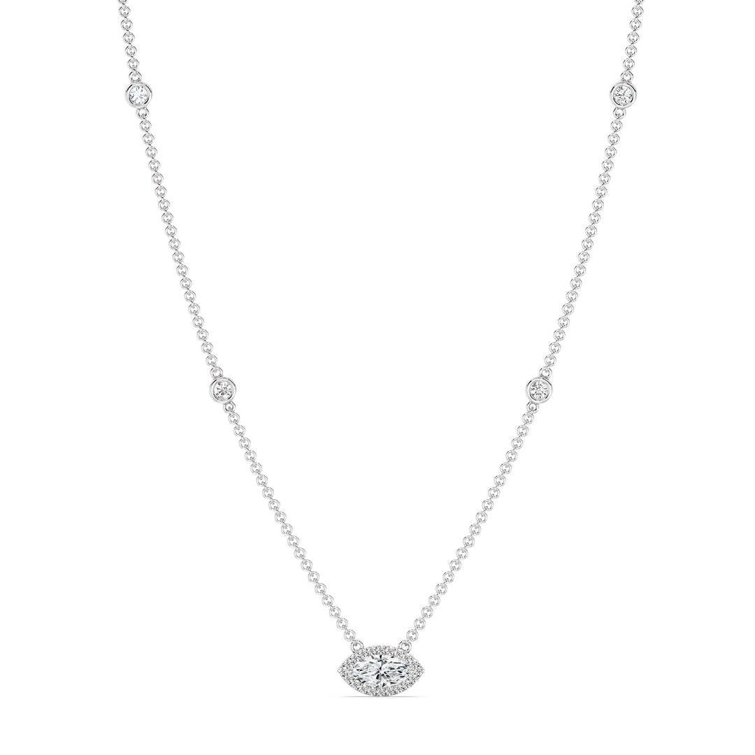 Elegant Marquise Diamond Accent Bezel Station Necklace in 18K White Gold highlighting a 1.00ct IGI Certified marquise-cut lab-grown diamond at the center, complemented by round EF/VS lab-grown diamonds along an 18-inch chain