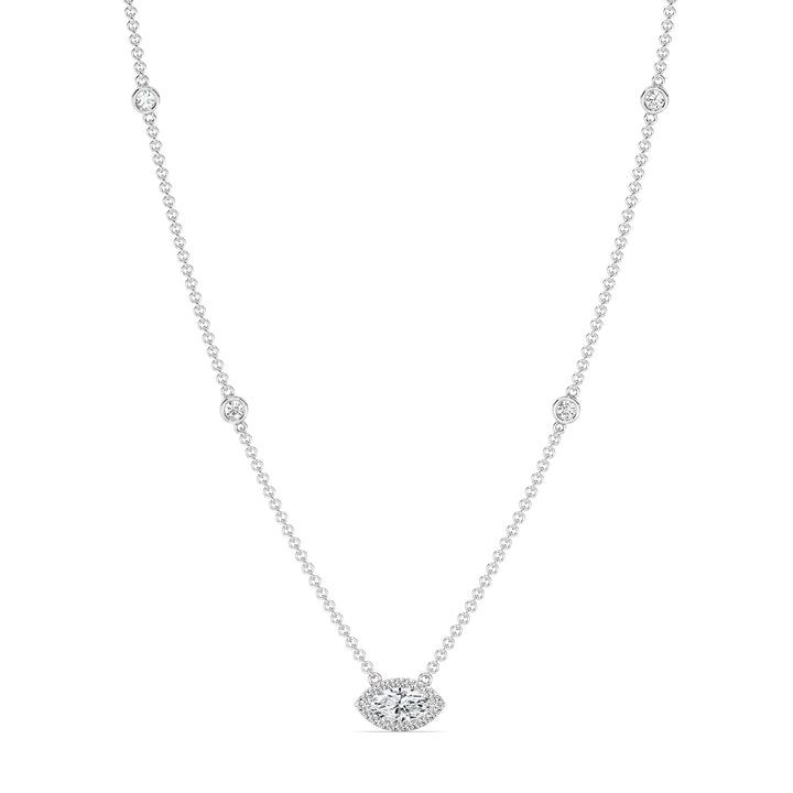 Elegant Marquise Diamond Accent Bezel Station Necklace in 18K White Gold highlighting a 1.00ct IGI Certified marquise-cut lab-grown diamond at the center, complemented by round EF/VS lab-grown diamonds along an 18-inch chain