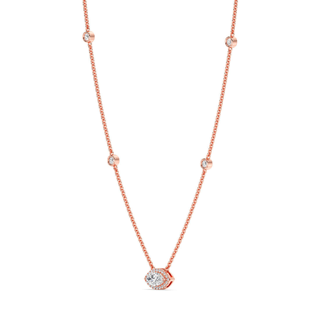 Elegant Marquise Diamond Accent Bezel Station Necklace in 18K Rose Gold showcasing a 1.00ct IGI Certified marquise-cut lab-grown diamond at the center, accented by round EF/VS lab-grown diamonds on an 18-inch chain
