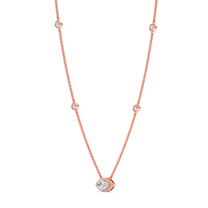 Elegant Marquise Diamond Accent Bezel Station Necklace in 18K Rose Gold showcasing a 1.00ct IGI Certified marquise-cut lab-grown diamond at the center, accented by round EF/VS lab-grown diamonds on an 18-inch chain