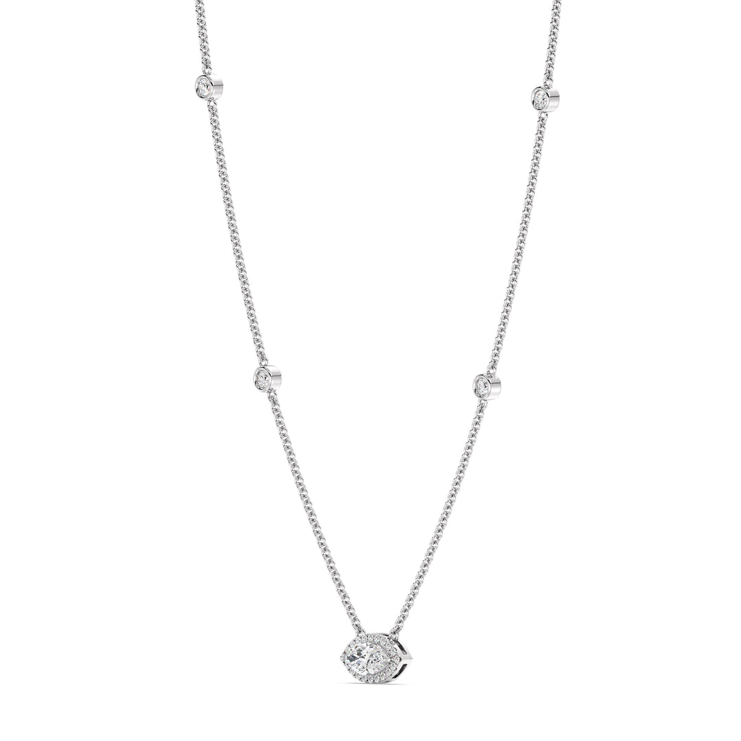 Elegant Marquise Diamond Accent Bezel Station Necklace in 18K White Gold highlighting a 1.00ct IGI Certified marquise-cut lab-grown diamond at the center, complemented by round EF/VS lab-grown diamonds along an 18-inch chain