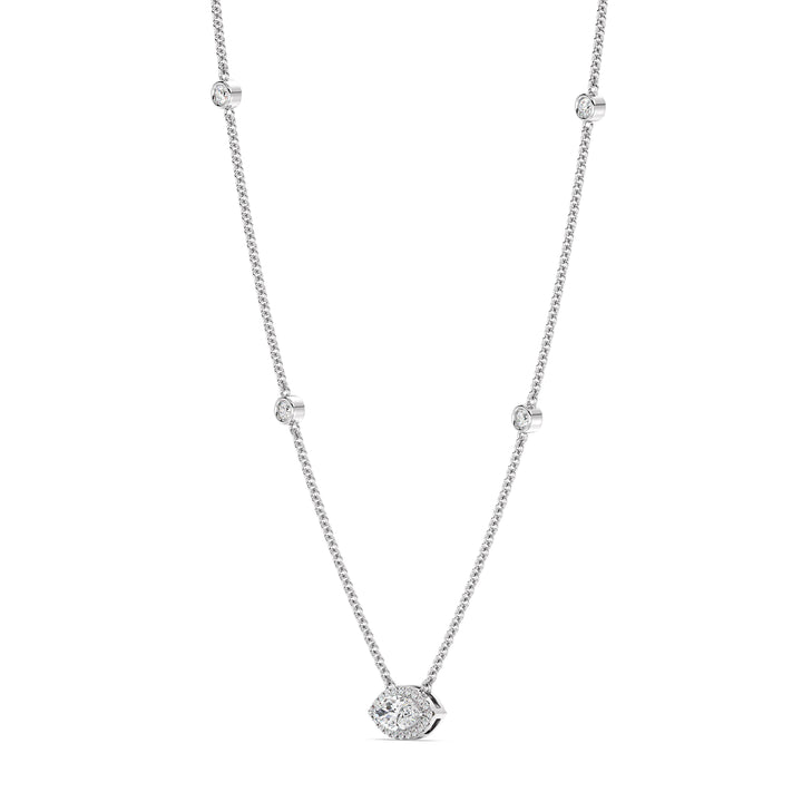 Elegant Marquise Diamond Accent Bezel Station Necklace in 18K White Gold highlighting a 1.00ct IGI Certified marquise-cut lab-grown diamond at the center, complemented by round EF/VS lab-grown diamonds along an 18-inch chain