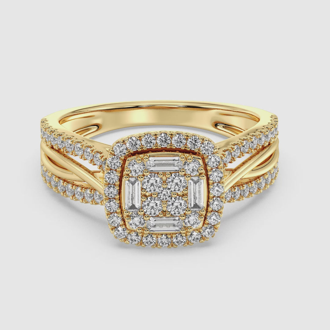 Close-up video showcasing the Yellow Gold Vintage-Style Halo Engagement Ring with 0.73CT T.W. lab-grown diamonds. The ring features a cushion-shaped frame with intricate halo detailing, round and taper baguette diamonds sparkling brilliantly against the luxurious 18K yellow gold setting