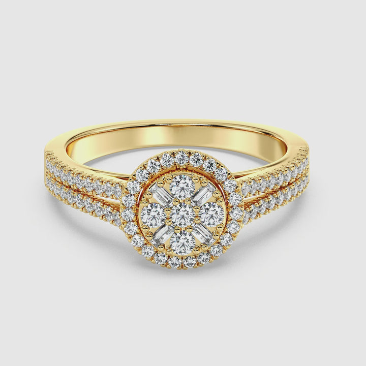 Video showcasing the Yellow Gold variant of the 0.65 CTTW EF-VS Lab-Grown Round & Baguette Diamond Cluster Double Halo Engagement Ring. The ring features 72 dazzling lab-grown diamonds set in a luxurious 18K yellow gold band, with a stunning cluster double halo design that radiates brilliance and sophistication from every angle