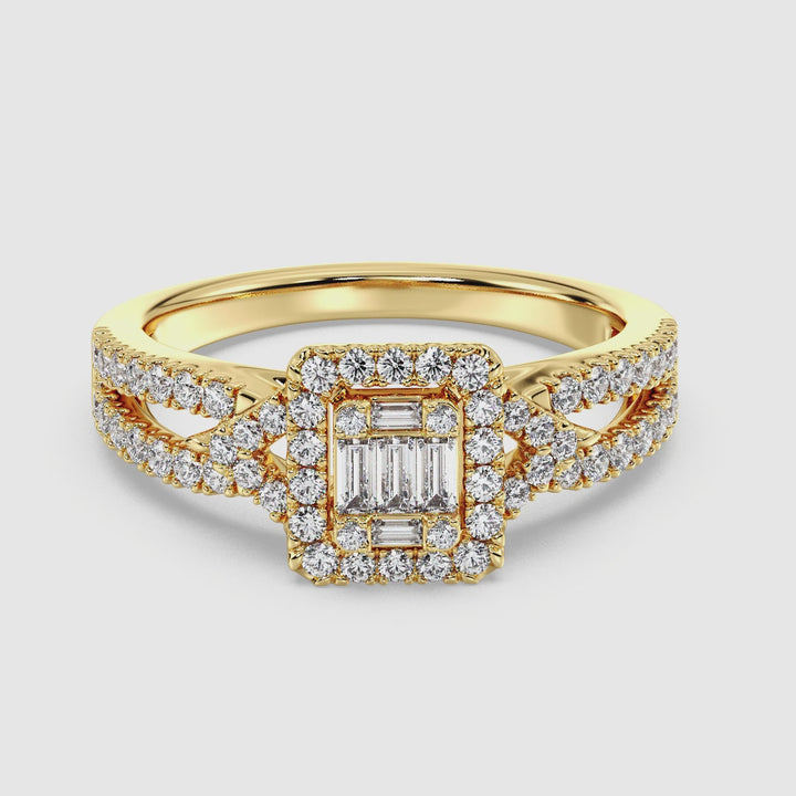 A close-up video showcasing the 0.73 CTTW Lab-Grown Diamond Square Cluster Halo Engagement Ring in 18K Yellow Gold. The elegant twisted band design sparkles as it rotates, highlighting the square cluster halo of 65 round and baguette lab-grown diamonds with exceptional brilliance. The warm yellow gold setting enhances the vibrant EF color and VS clarity of the diamonds, offering a timeless and sophisticated look. Perfect for engagements or special occasions.
