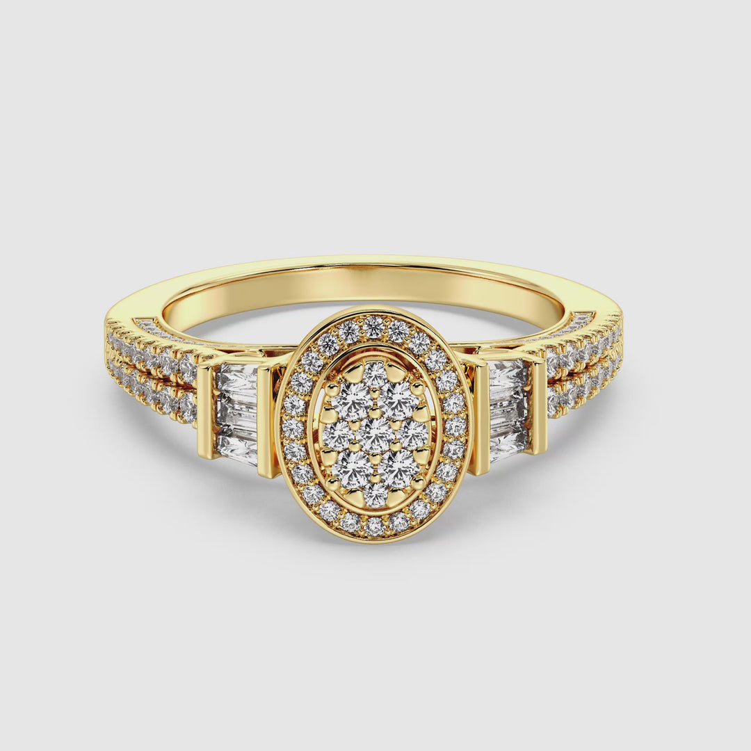 Close-up video showcasing a stunning 0.96 CTW Oval Halo Engagement Ring in yellow gold, featuring a dazzling oval halo design with 147 EF-VS lab-grown diamonds, including round and tapered baguette shapes. The rich yellow gold band enhances the brilliance of the diamonds, highlighting the luxurious and timeless design of this elegant engagement ring.