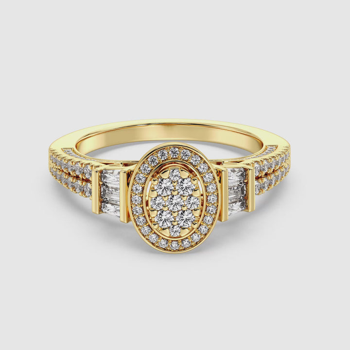 Close-up video showcasing a stunning 0.96 CTW Oval Halo Engagement Ring in yellow gold, featuring a dazzling oval halo design with 147 EF-VS lab-grown diamonds, including round and tapered baguette shapes. The rich yellow gold band enhances the brilliance of the diamonds, highlighting the luxurious and timeless design of this elegant engagement ring.