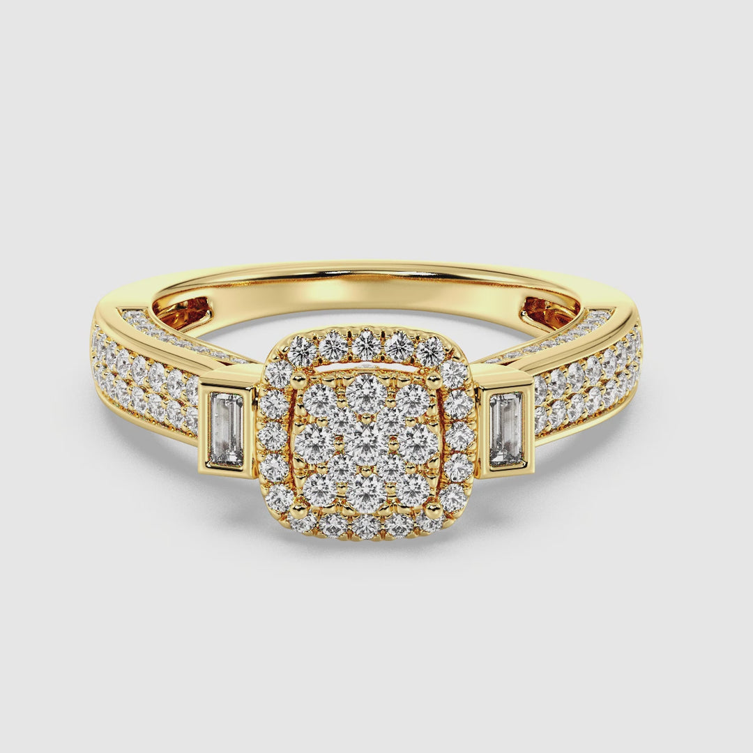 Video showcasing a 0.84 CTTW Round and Baguette EF-VS Lab-Grown Diamond Square Cluster Halo Engagement Ring in 18K Yellow Gold. The video highlights the intricate diamond arrangement with a harmonious blend of round and baguette cuts, set on a luxurious yellow gold band. The piece sparkles brilliantly as it rotates, revealing its timeless elegance and fine craftsmanship